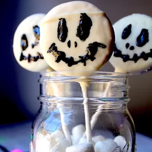 Adorable Nightmare Before Christmas Cookie Pops peeking out of a mason jar filled with marshmallows.