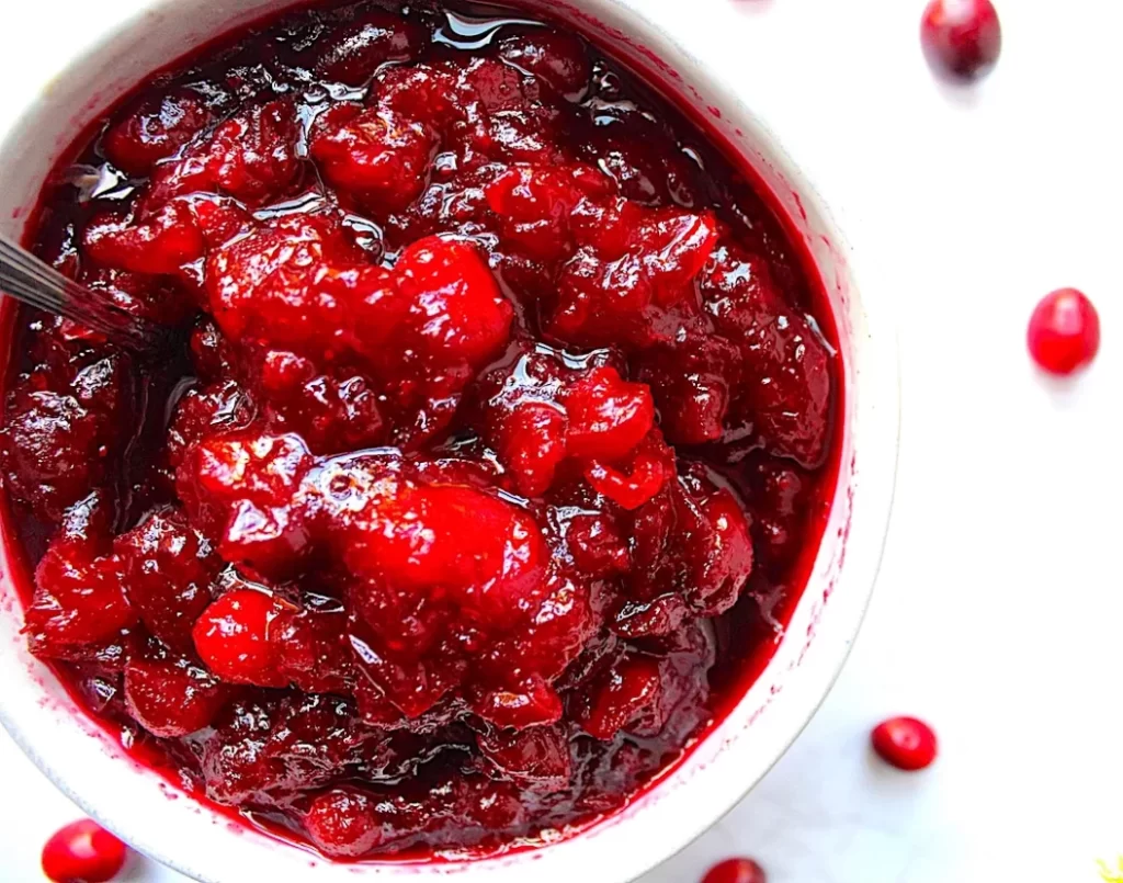 Looking down upon a bowl of bright cranberries are shown in a white bowl. A few stray red berries are dotted on a white backdrop.